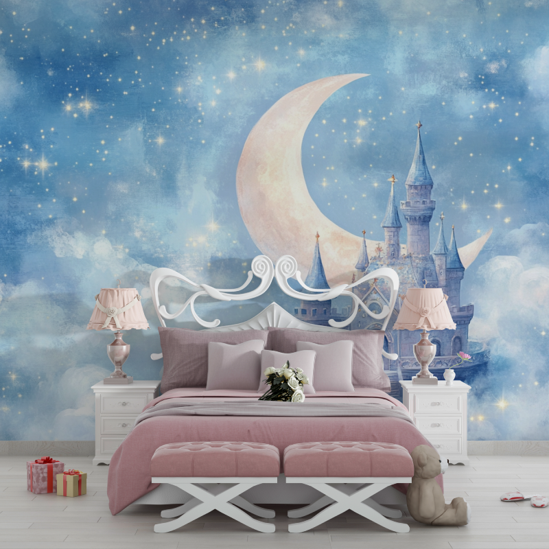 Fantasy Castle Mural Wallpaper | Magical Night Sky with Moon