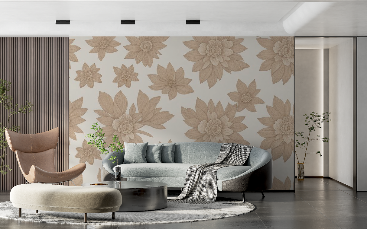 Floral Mural Wallpaper | Large Beige Blooms on White
