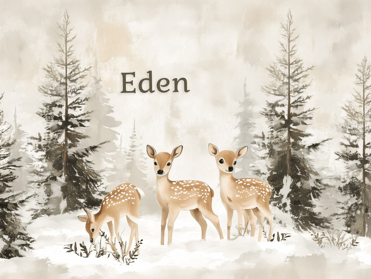 Forest Animals Mural Wallpaper | Deer and Pine Trees in Winter Scene