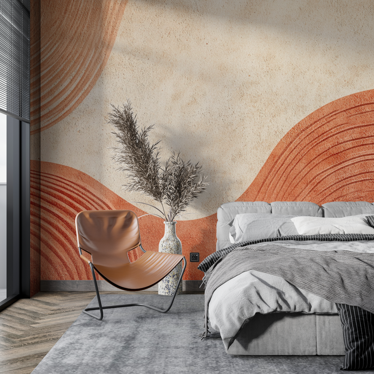 Abstract Mural Wallpaper | Terracotta Curved Lines Design