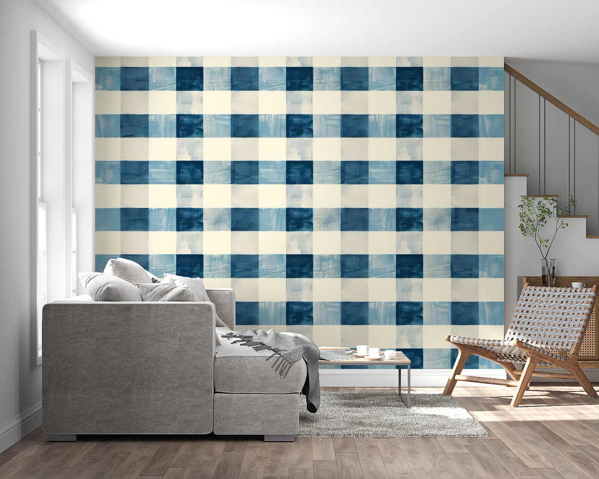 Pattern Mural Wallpaper | Blue and Cream Gingham Design