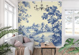 French Toile Mural Wallpaper | Blue Pastoral Landscape Design