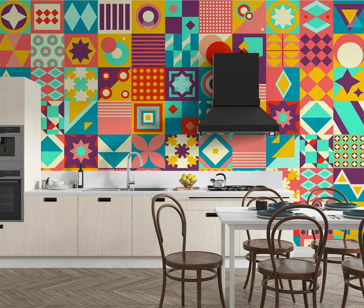 Geometric Mural Wallpaper | Colorful Retro Mosaic Pattern