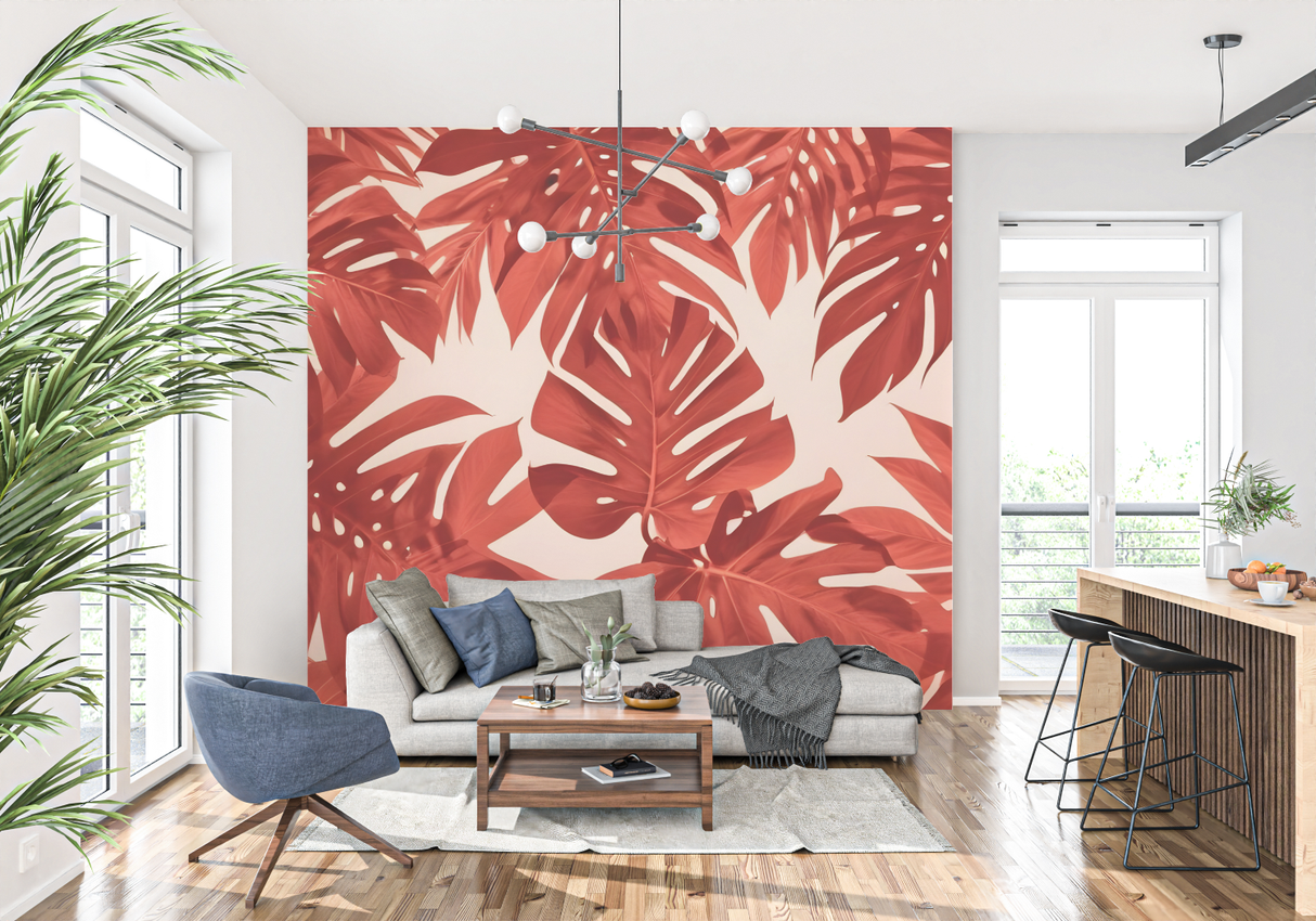 Monstera Mural Wallpaper | Terracotta Tropical Leaves