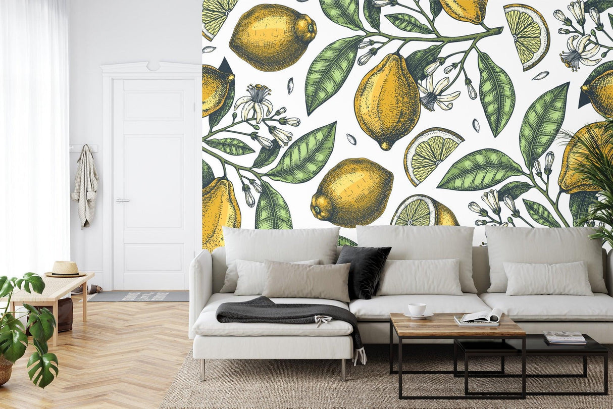 Citrus Mural Wallpaper | Vintage Lemon and Blossom Pattern