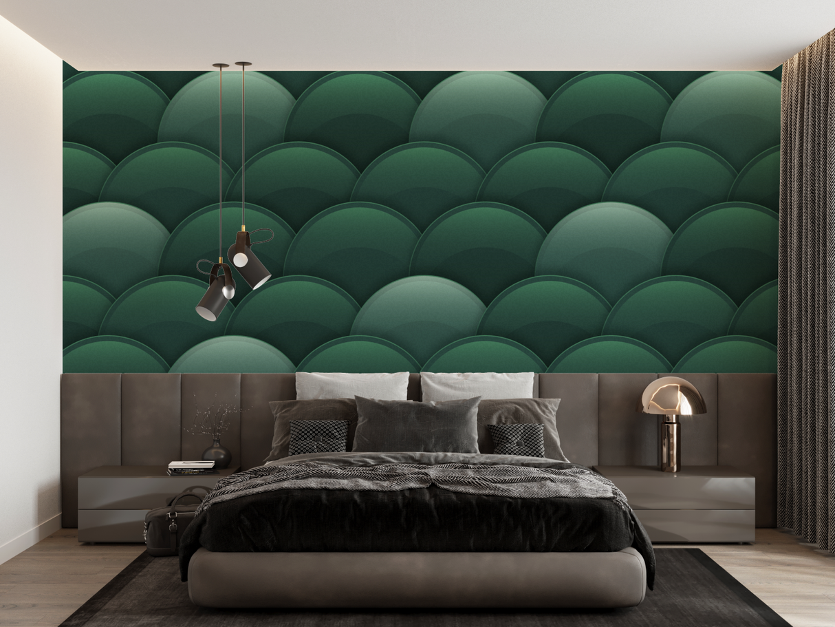 Geometric Mural Wallpaper | Green Art Deco Scales Pattern