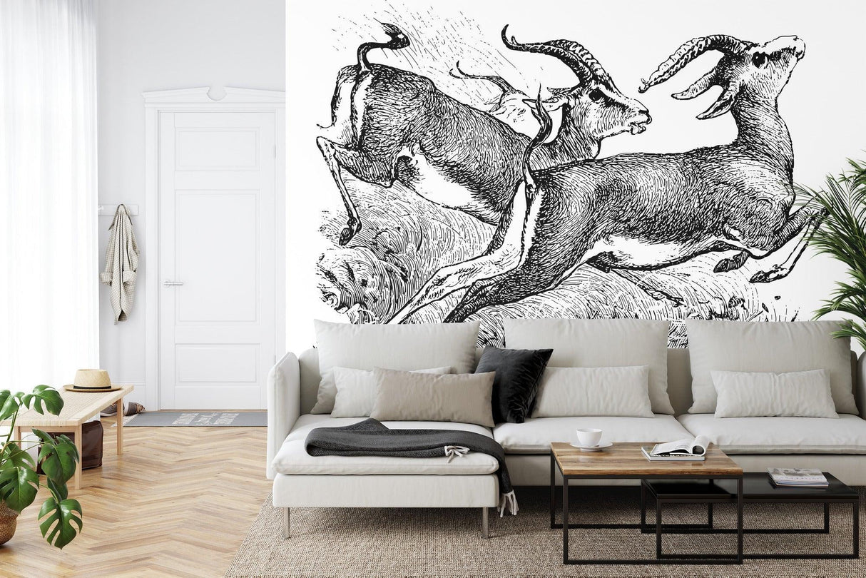 Wildlife Mural Wallpaper | Vintage Black and White Gazelle Sketch
