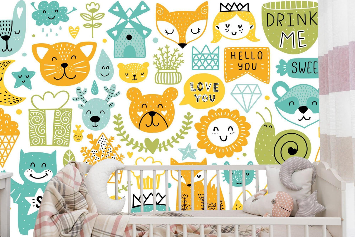 Kids Animal Mural Wallpaper | Playful Forest Friends Pattern