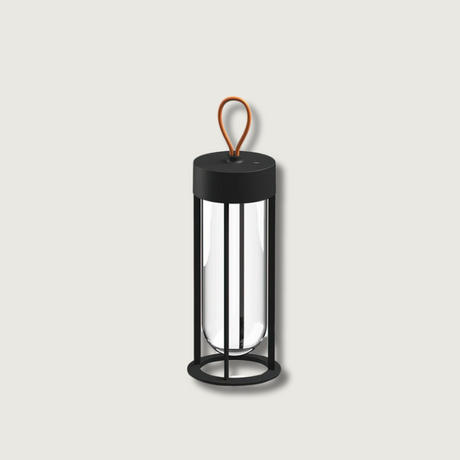 Portable LED Table Lamp  Glass Cylinder Design with Leather Handle - Product showcase