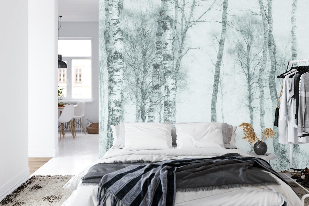 Forest Mural Wallpaper | Misty Birch Trees in Black and White