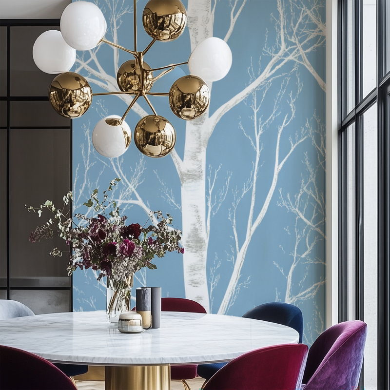 Tree Mural Wallpaper | White Birch on Blue Background