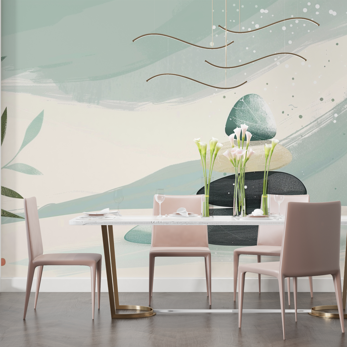 Zen Mural Wallpaper | Balanced Stones and Mint Design