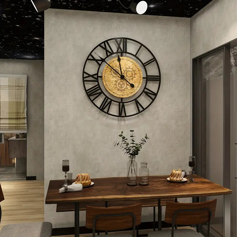 Roman Numeral Wall Clock  Black Metal With Gold Center - Product showcase
