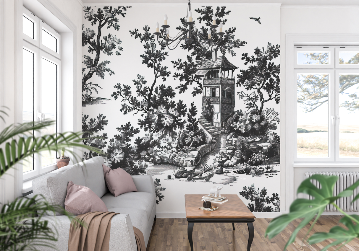 Vintage Mural Wallpaper | Black and White Toile de Jouy Scene