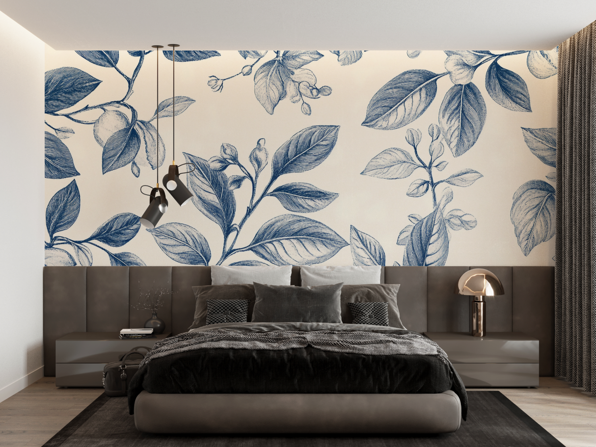 Floral Mural Wallpaper | Blue Botanical Toile de Jouy Pattern