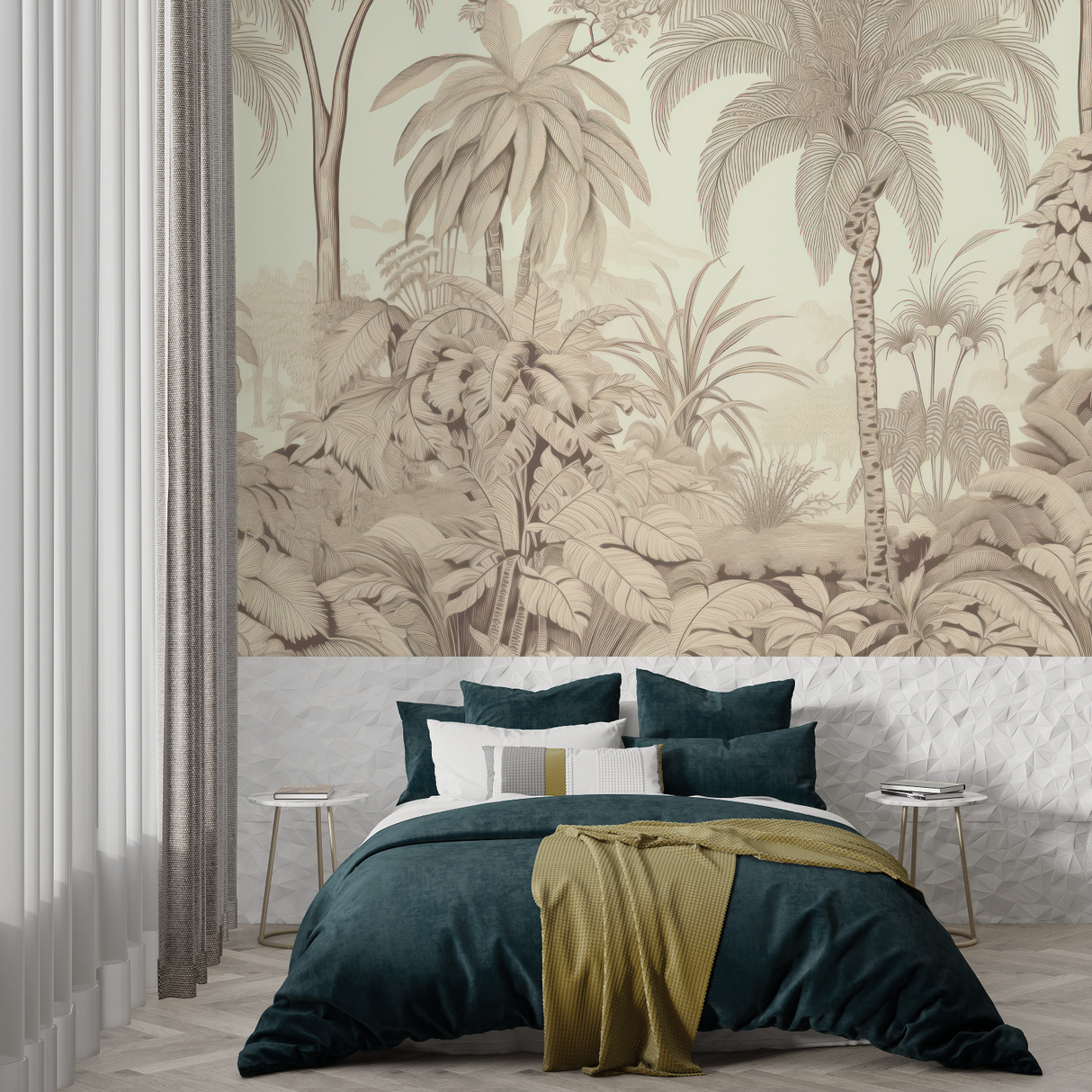 Tropical Mural Wallpaper | Beige Palm Trees and Nature Scene