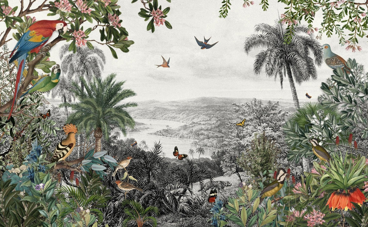 Tropical Paradise Mural Wallpaper | Vintage Birds and Butterflies Design