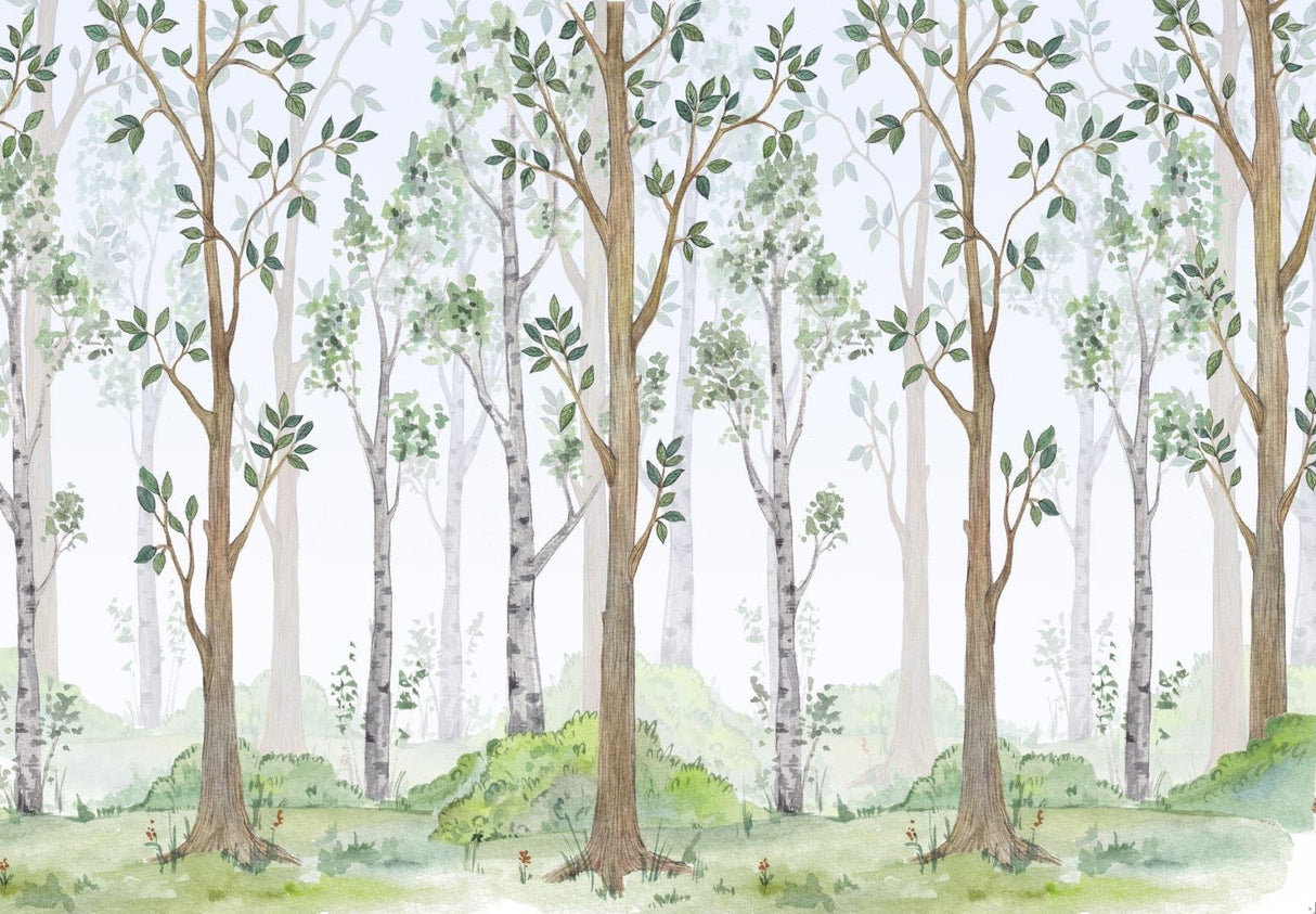 Forest Mural Wallpaper | Watercolor Tree Design With Green Leaves