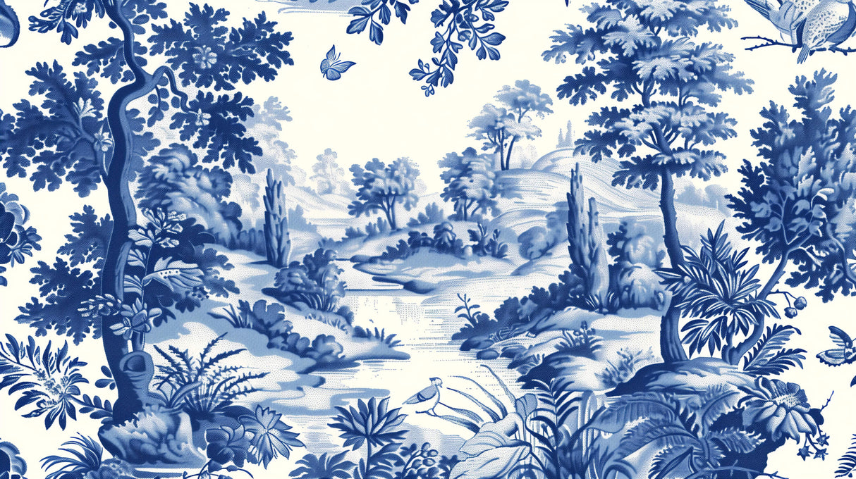 Toile de Jouy Mural Wallpaper | Blue and White Pastoral Scene