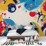 Football Mural Wallpaper | Dynamic Sports Design in Blue and Yellow
