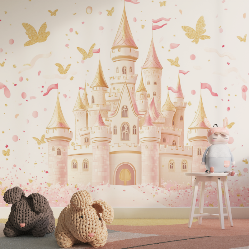 Princess Mural Wallpaper | Magical Castle with Gold Butterflies