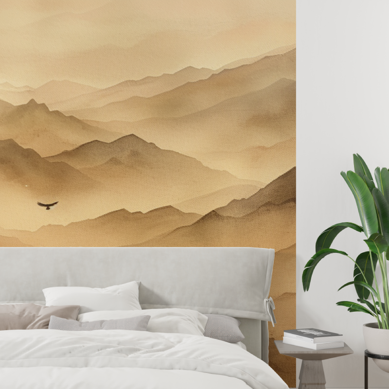 Mountain Mural Wallpaper | Misty Peaks in Terracotta Tones