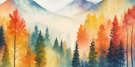 Papier Peint Mural Forêt | Scène Aquarelle Montagne Brumeuse