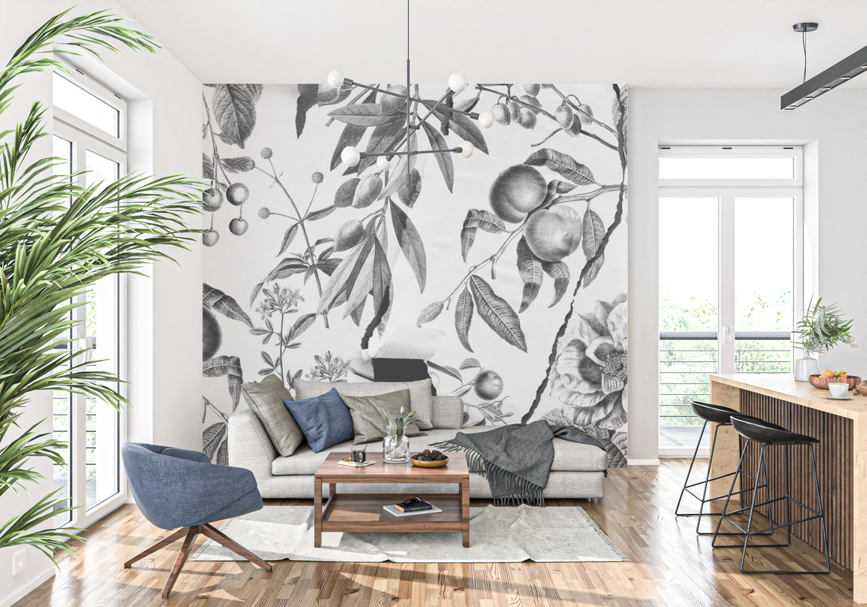 Botanical Mural Wallpaper | Black and White Vintage Fruit Design