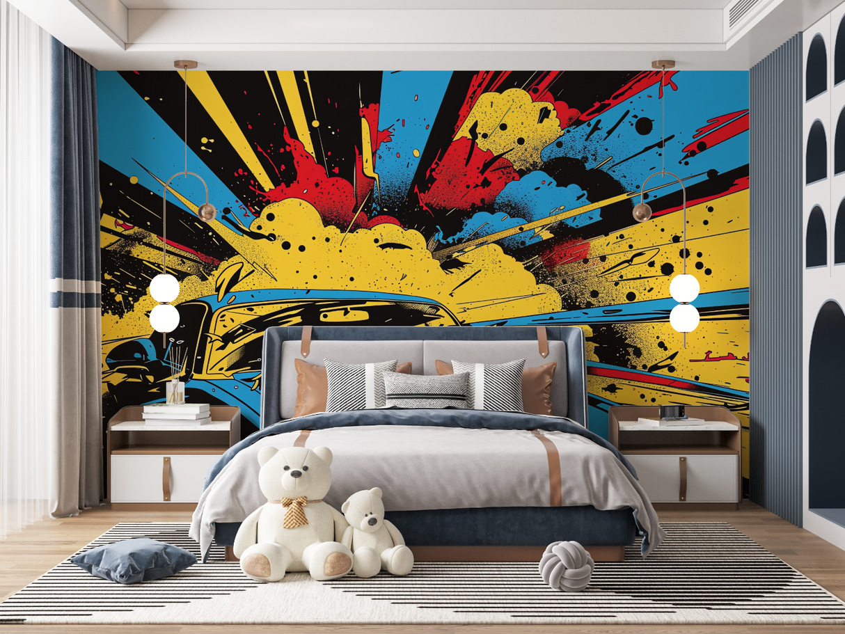 Street Art Mural Wallpaper | Dynamic Car Graffiti Explosion