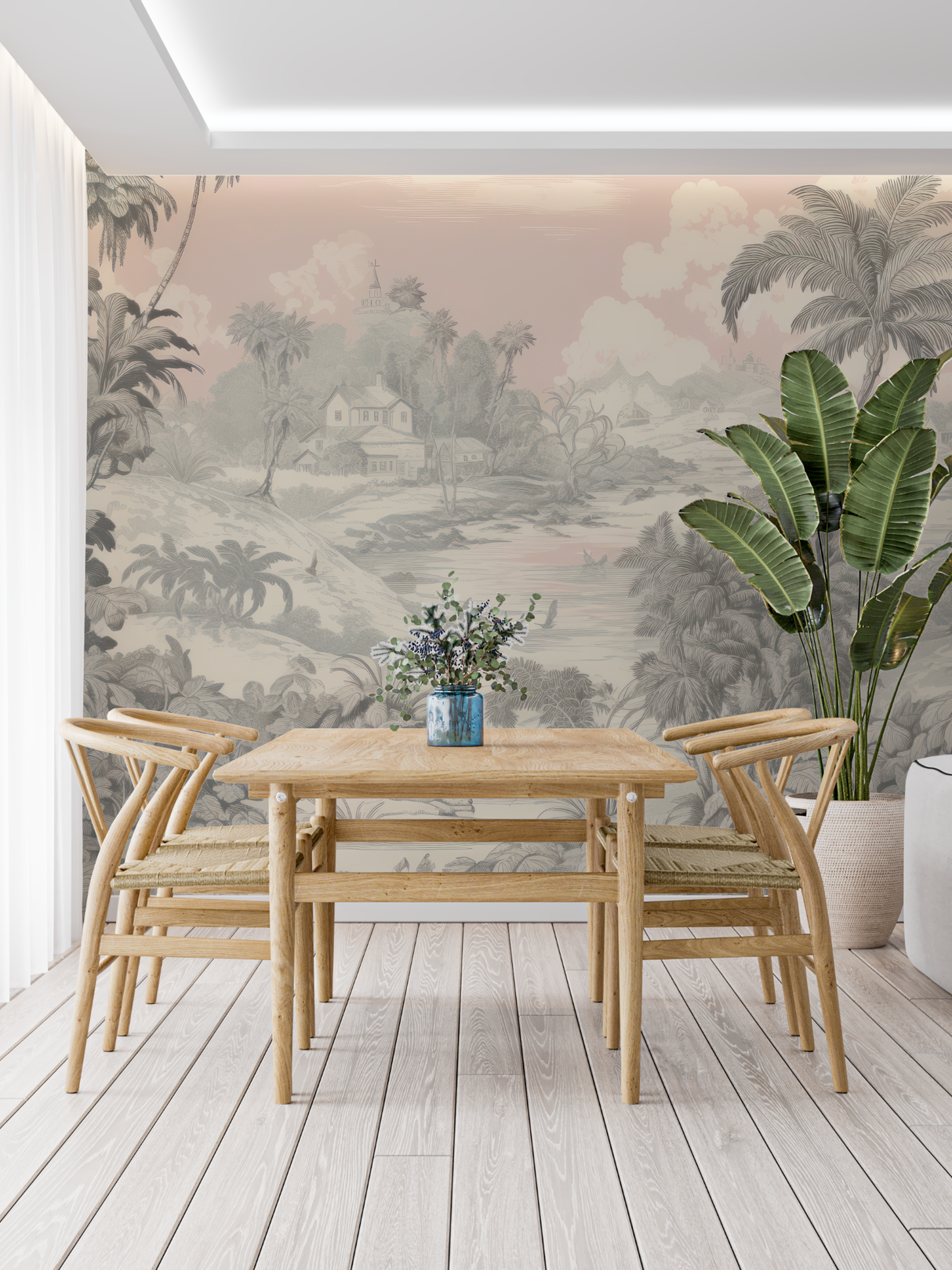 Tropical Mural Wallpaper | Vintage Palm Trees Landscape in Beige