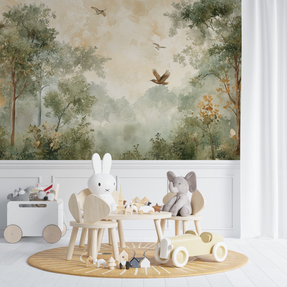 Forest Mural Wallpaper | Misty Trees with Flying Birds