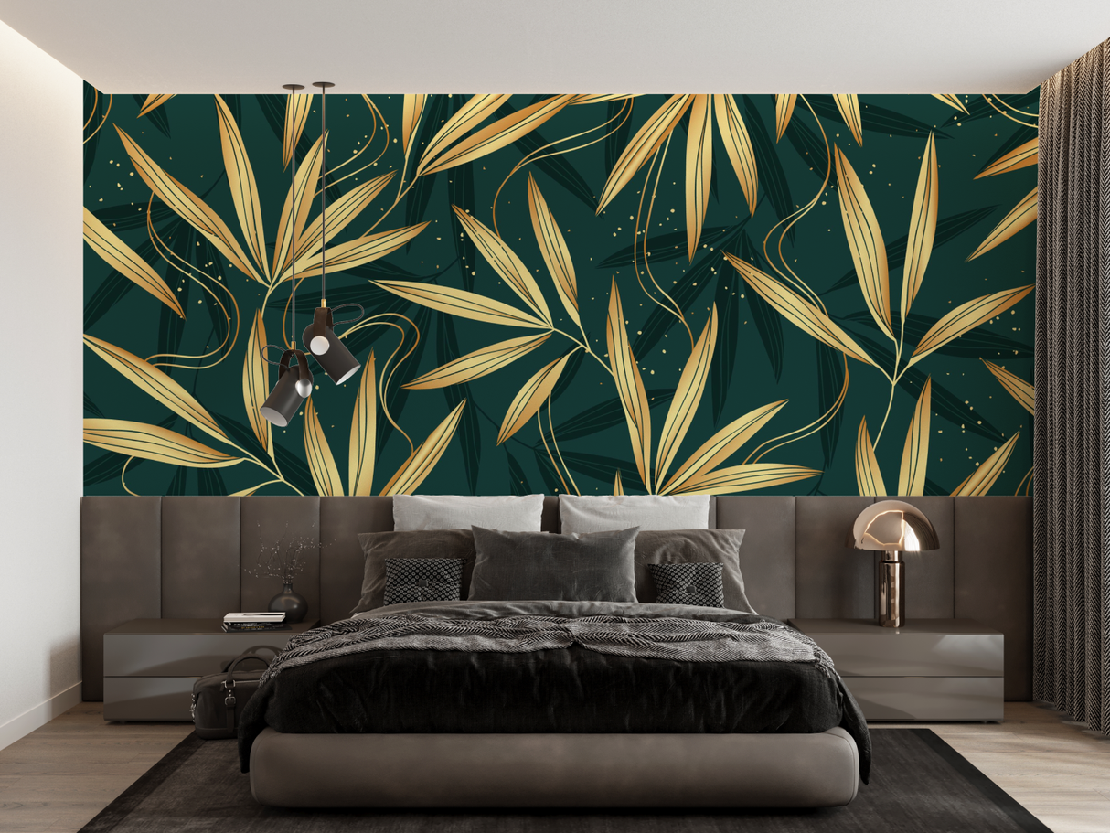 Bamboo Mural Wallpaper | Elegant Gold Leaves on Green