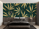 Bamboo Mural Wallpaper | Elegant Gold Leaves on Green