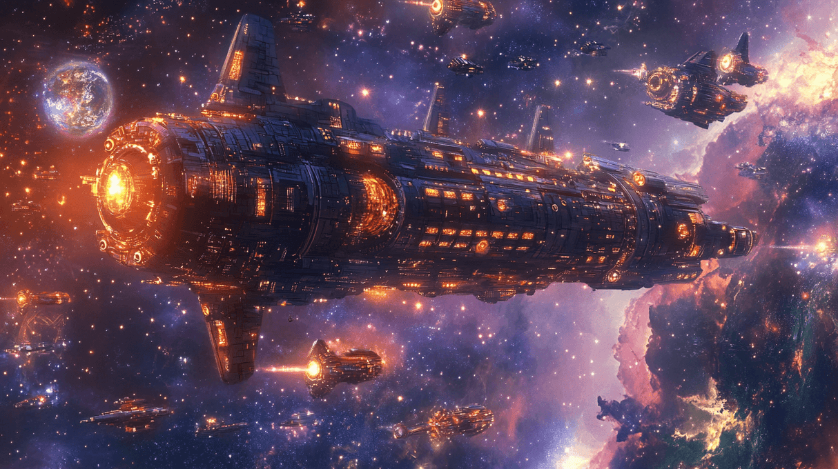 Space Ship Mural Wallpaper | Galactic Battle Cruiser in Purple Nebula