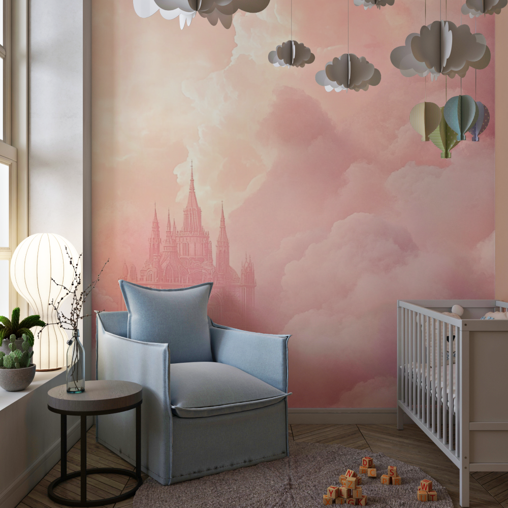 Princess Castle Mural Wallpaper | Dreamy Pink Clouds Fantasy