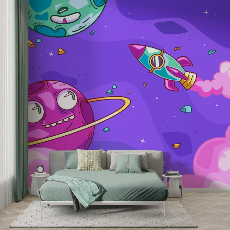 Space Kids Mural Wallpaper | Fun Planets and Rocket Design