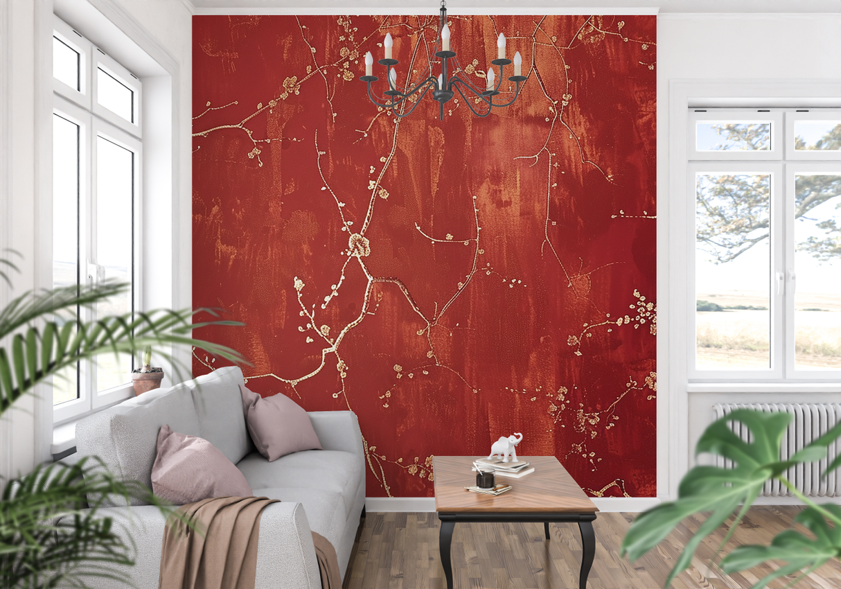 Cherry Blossom Mural Wallpaper | Red and Gold Asian Art