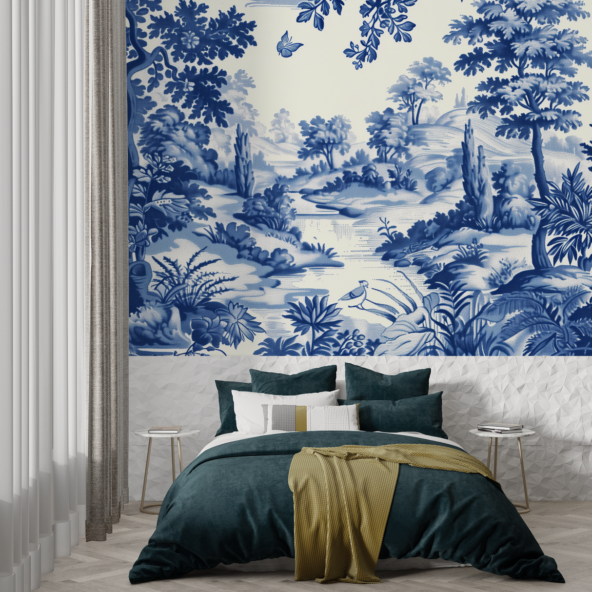 Toile de Jouy Mural Wallpaper | Blue and White Pastoral Scene