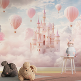 Princess Castle Mural Wallpaper | Pink Hot Air Balloons Fantasy