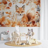 Forest Animals Mural Wallpaper | Autumn Fox with Watercolor Leaves