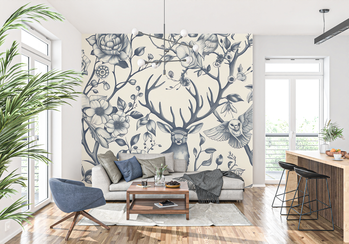 Forest Animals Mural Wallpaper | Deer and Floral Navy Pattern