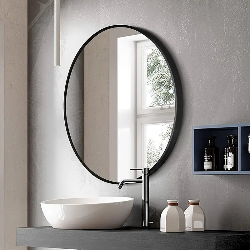 Modern Round Wall Mirror  Black Metal Frame 50cm - Detailed view
