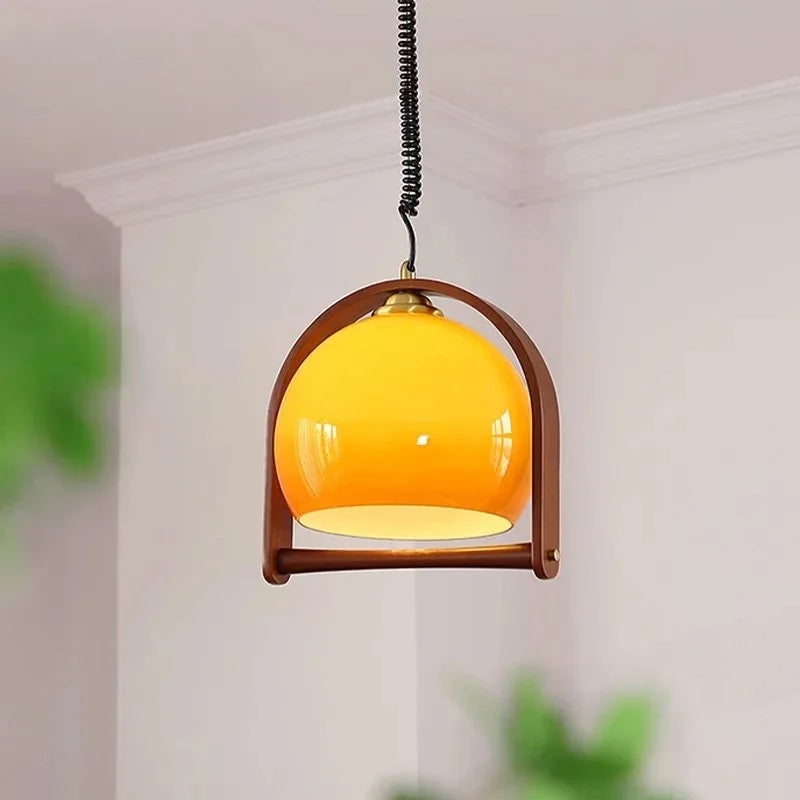 Bauhaus Pendant Light  Glass Dome Wood Frame Design - Detailed view