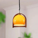 Bauhaus Pendant Light  Glass Dome Wood Frame Design - Detailed view