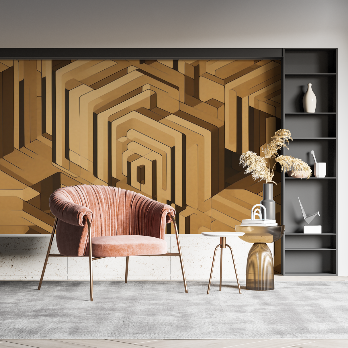 Geometric Mural Wallpaper | 3D Golden Labyrinth Design
