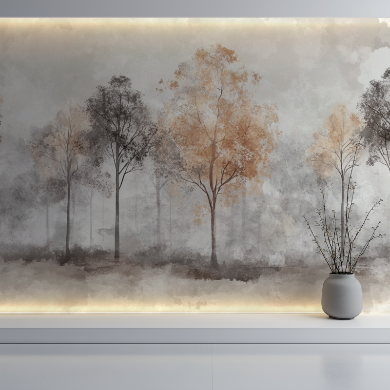 Forest Mural Wallpaper | Misty Trees in Grey and Terracotta