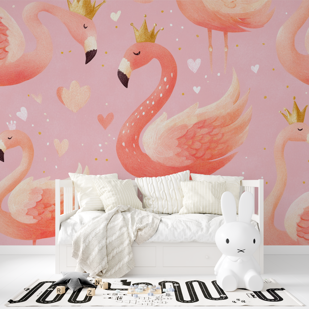 Princess Mural Wallpaper | Pink Flamingo with Gold Crowns