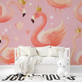 Princess Mural Wallpaper | Pink Flamingo with Gold Crowns