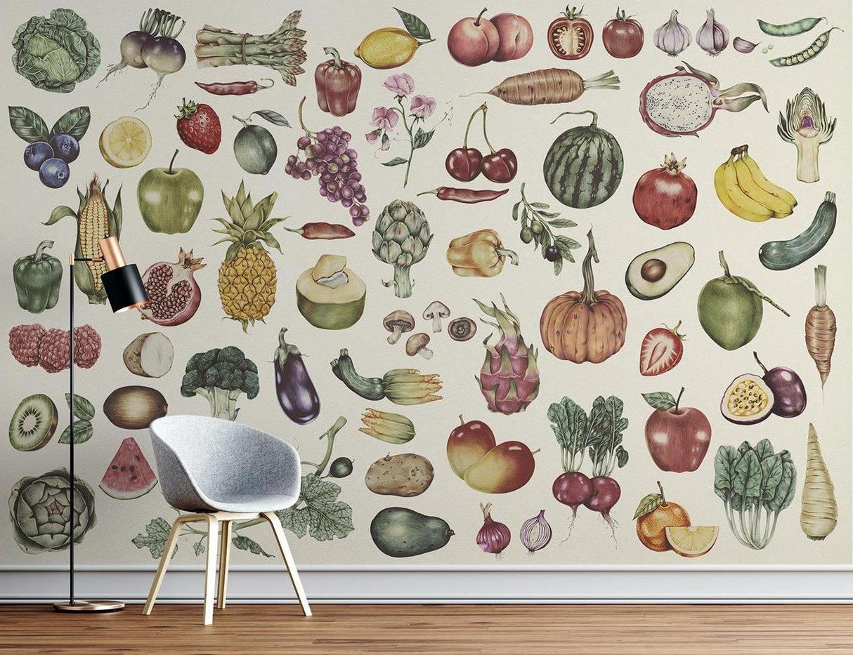 Kitchen Mural Wallpaper | Vintage Botanical Fruits and Vegetables