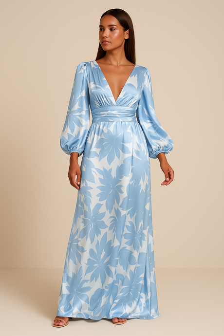 Floral Maxi Dress  Green Botanical V-Neck Design with Balloon Sleeves - Product detail 4